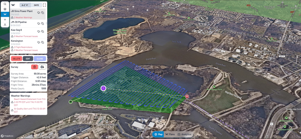 3D visualization Flight planning showing weather warnings and airspace restrictions to the north.