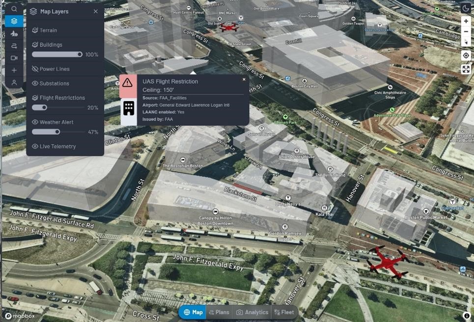 View of the AirWise Solutions’ situational awareness COP displaying drone positions based on their telemetry within Boston for incident commanders to use video live streaming as required.